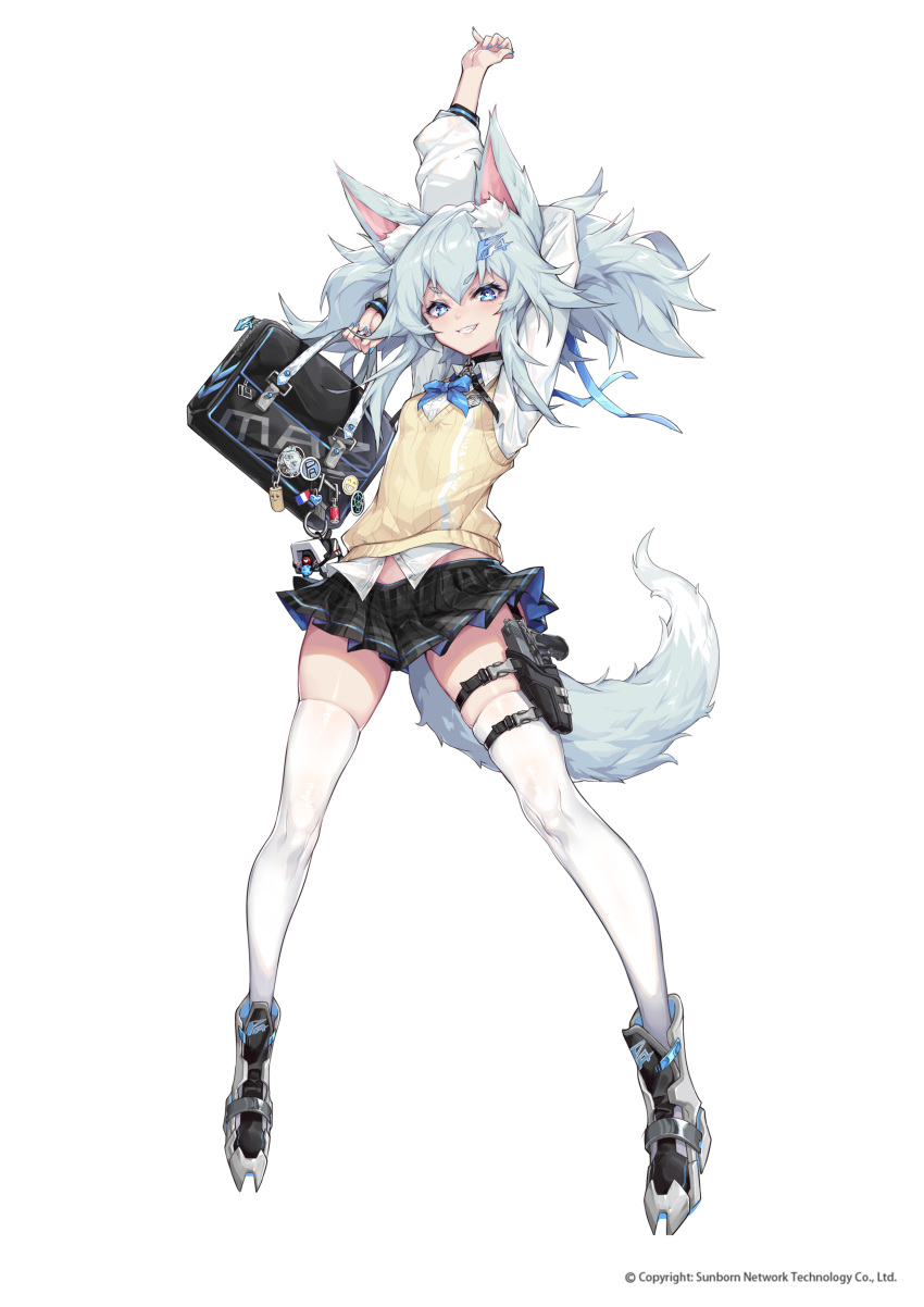 1girl absurdres alternate_costume animal_ear_fluff animal_ears arms_up bag bangs beige_vest black_skirt blue_eyes blue_hair blush boots bow bowtie breasts cardigan_vest collared_shirt fox_ears fox_tail full_body girls_frontline grin gun hair_between_eyes hair_ornament handgun heart heart-shaped_pupils highres holding holding_bag holster looking_at_viewer mab_pa-15 official_art pa-15_(girls_frontline) pistol plaid plaid_skirt school_bag school_uniform shanyao_jiang_tororo shirt sidelocks skindentation skirt small_breasts smile snap-fit_buckle solo standing symbol-shaped_pupils tail thigh-highs thigh_holster twintails untucked_shirt vest weapon white_legwear white_shirt yellow_vest