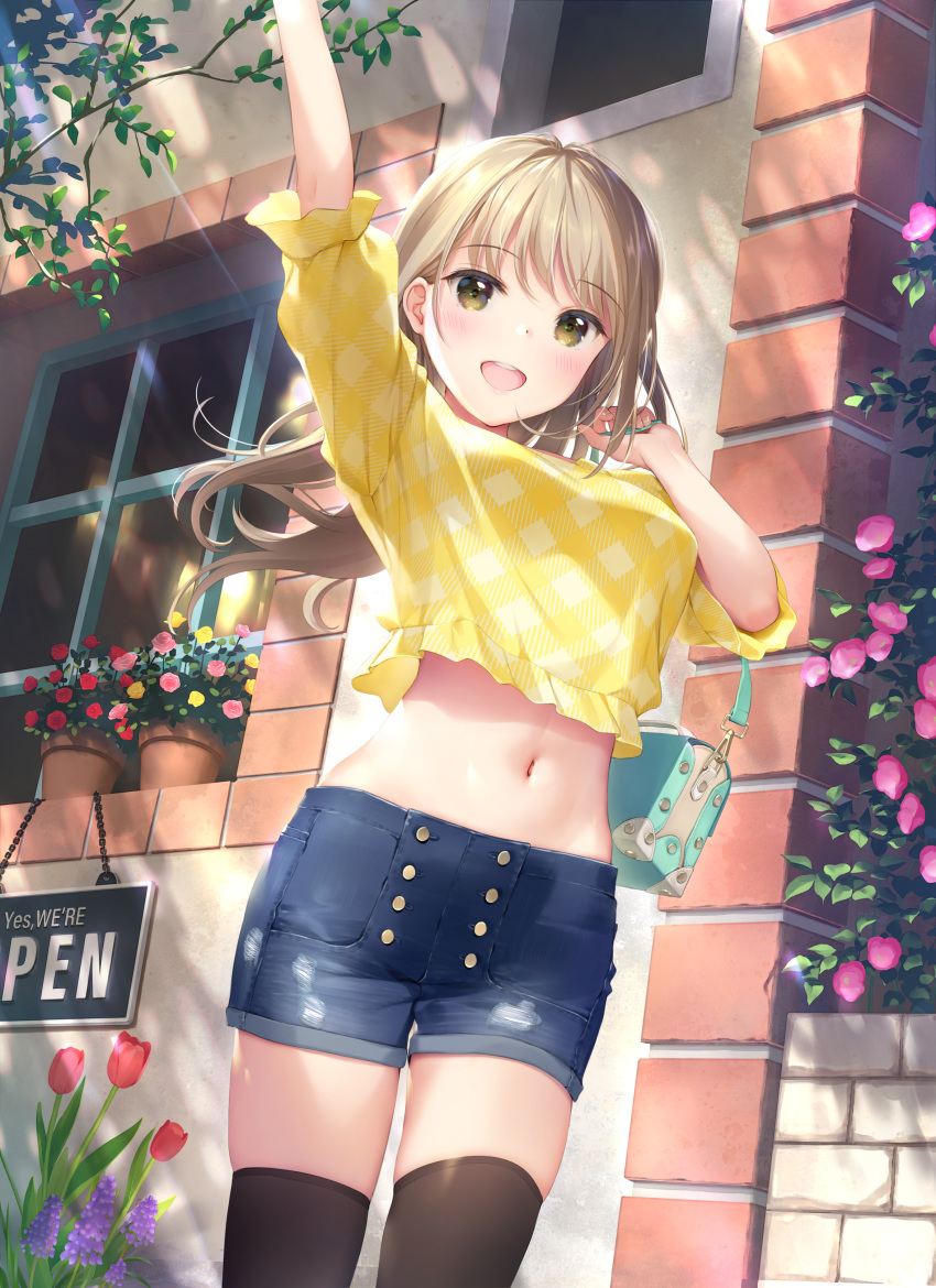 1girl :d absurdres arm_up bag bangs black_legwear blonde_hair blue_bag blue_shorts blush breasts brown_eyes buttons cowboy_shot crop_top crop_top_overhang day denim denim_shorts eyebrows_visible_through_hair flower flower_pot from_below hand_up handbag highres huge_filesize large_breasts light_rays long_hair looking_at_viewer midriff mignon navel non-web_source open_mouth original outdoors pink_flower plaid plaid_shirt plant potted_plant red_flower rose scan shirt short_shorts short_sleeves shorts smile solo standing stomach sunbeam sunlight thigh-highs thighs tree_shade tulip upper_teeth yellow_flower yellow_shirt