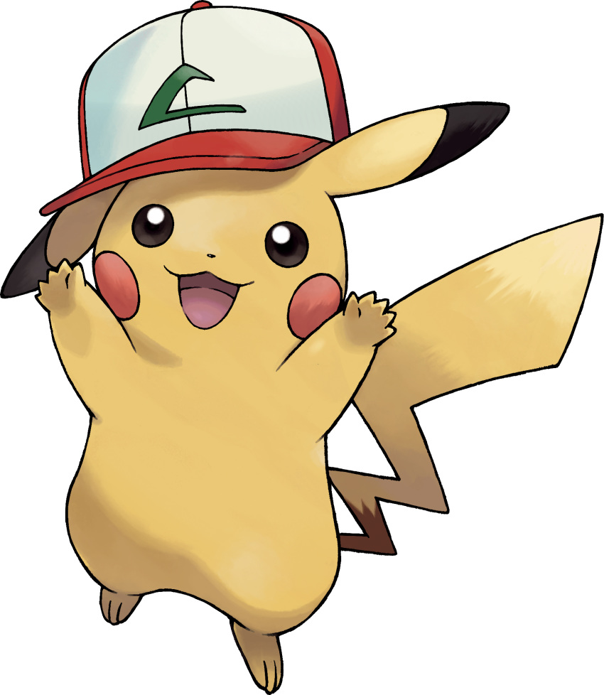 :3 arms_up artist_request baseball_cap black_eyes blush_stickers clothed_pokemon full_body gen_1_pokemon happy hat highres looking_up no_humans official_art open_mouth pikachu pokemon pokemon_(anime) pokemon_(classic_anime) pokemon_(creature) pokemon_(game) pokemon_swsh red_headwear smile solo standing transparent_background