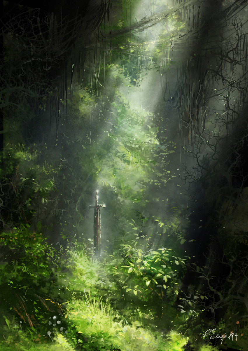 day fantasy forest grass hachiya_shohei highres nature no_humans original outdoors planted_sword planted_weapon scenery signature sunlight sword weapon