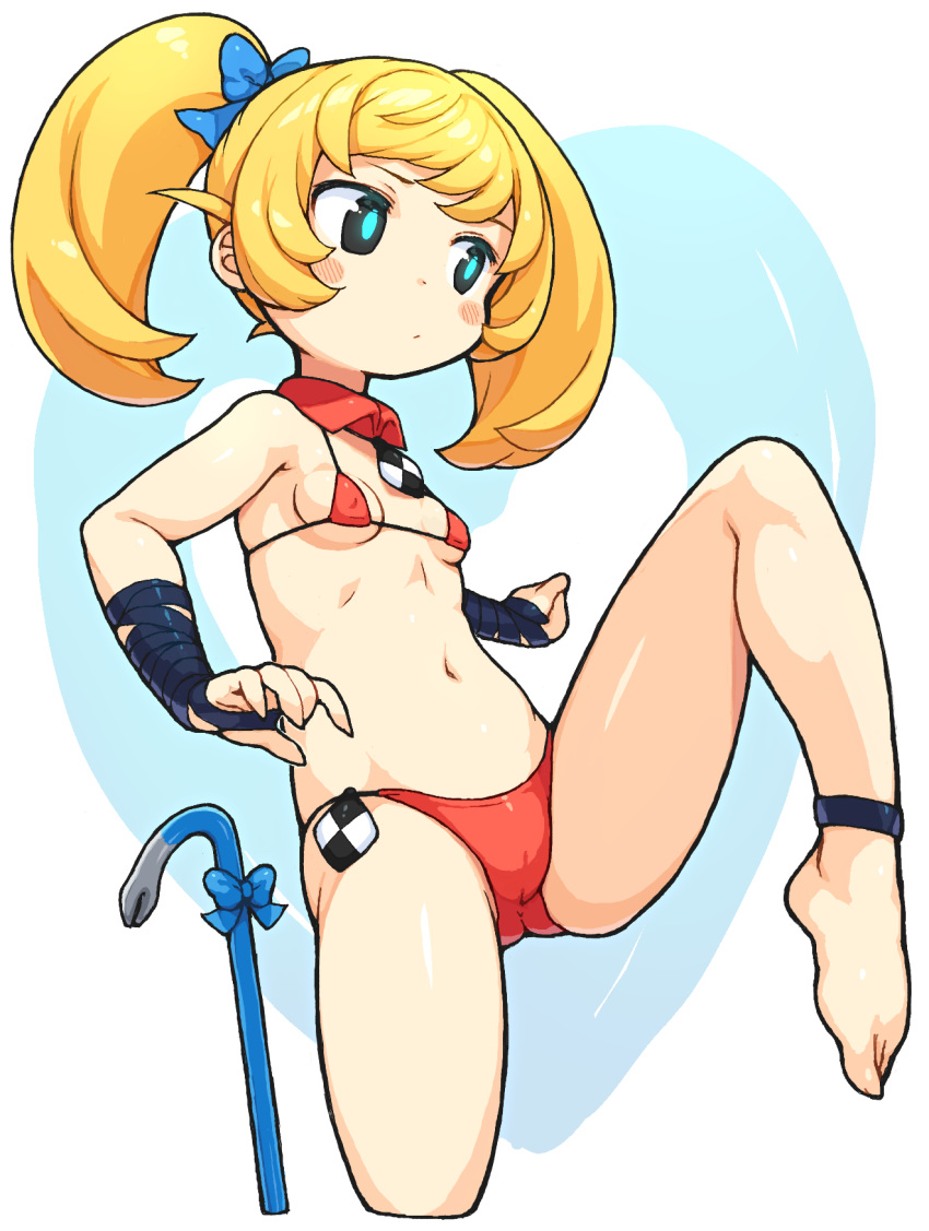 1girl ass_visible_through_thighs bachera bangs bare_shoulders barefoot bikini black_eyes blonde_hair blue_bow blue_pupils blush_stickers bow breasts closed_mouth collar copyright_request crowbar detached_collar hair_bow highres looking_away navel red_bikini red_collar small_breasts solo standing standing_on_one_leg swimsuit twintails wing_collar