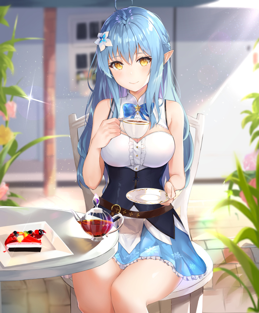 1girl absurdres ahoge bangs bare_shoulders blue_hair blush breasts cup elf eyebrows_visible_through_hair flower hair_between_eyes hair_flower hair_ornament hat highres holding holding_cup holding_saucer hololive huge_filesize large_breasts long_hair looking_at_viewer pointy_ears saucer shiina_aoi sitting smile solo virtual_youtuber yellow_eyes yukihana_lamy