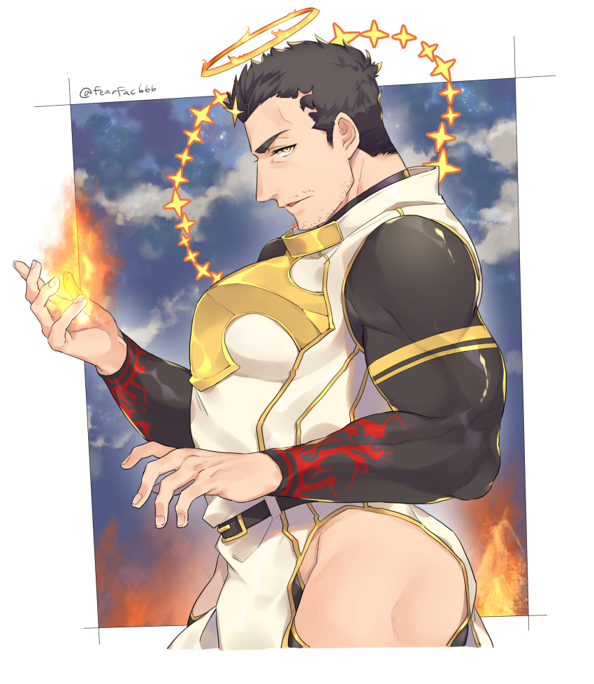 1boy absurdres artist_name bara black_bodysuit black_hair bodysuit bulge clothing_cutout cropped_legs facial_hair fire from_side halo highres looking_at_viewer male_focus manami_(fearfac666) muscle pelvic_curtain short_hair solo stubble thick_thighs thigh_cutout thighs tokyo_houkago_summoners yellow_eyes zabaniya_(tokyo_houkago_summoners)