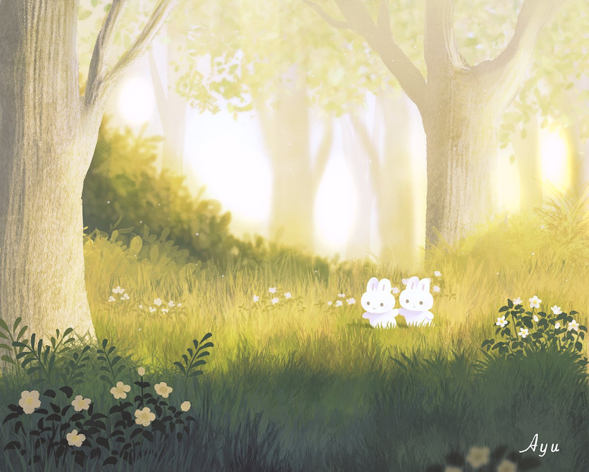 artist_name ayu_(mog) english_commentary flower forest grass holding_hands nature no_humans original rabbit scenery sunlight tree walking