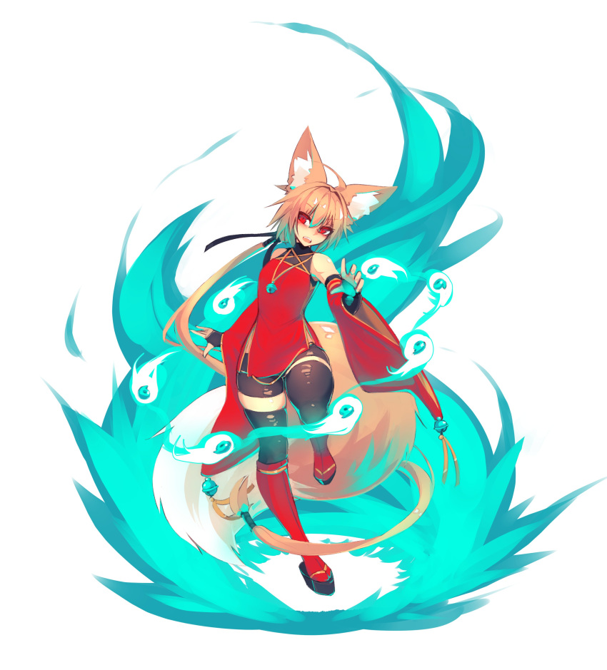 1girl absurdres animal_ears bare_shoulders bell bike_shorts blonde_hair breasts detached_sleeves eyebrows_visible_through_hair fox_ears fox_girl fox_tail full_body hair_between_eyes highres jewelry long_hair necklace open_mouth original red_eyes simple_background small_breasts solo sub-res suzu_(sub-res) tail teeth thigh-highs tongue very_long_hair white_background