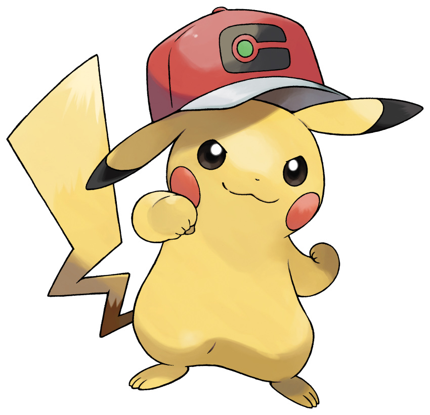 :3 arm_up artist_request baseball_cap black_eyes blush_stickers clenched_hands closed_mouth clothed_pokemon copyright_request full_body gen_1_pokemon hand_up happy hat highres no_humans official_art outline outstretched_arm pikachu pokemon pokemon_(creature) pokemon_(game) pokemon_swsh red_headwear smile solo standing transparent_background white_outline