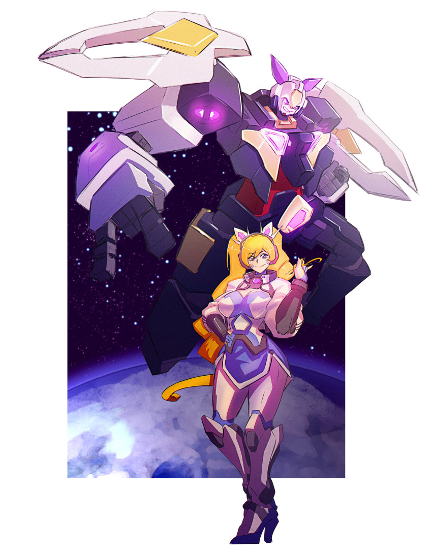 1girl absurdres blonde_hair breasts cosmikaizer drill_hair english_commentary flying glowing glowing_eyes hand_on_hip highres lana_branford large_breasts looking_at_viewer looking_down mecha original pilot_suit pink_eyes planet space super_robot twintails uneven_twintails violet_eyes