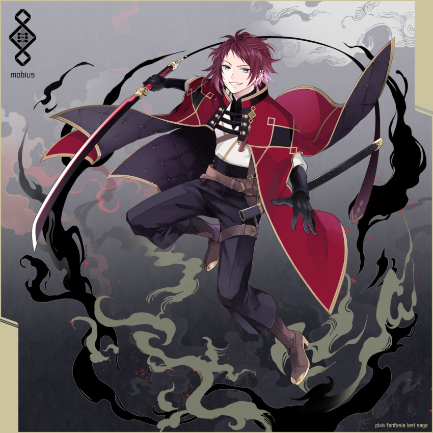 1boy black_gloves black_pants brown_footwear brown_hair copyright_name crow_mobius ear_clip full_body gloves grey_background grey_eyes grin highres holding holding_sword holding_weapon jacket looking_at_viewer male_focus nn_nn pants pixiv_fantasia pixiv_fantasia_last_saga red_jacket sheath smile smoke solo sword weapon