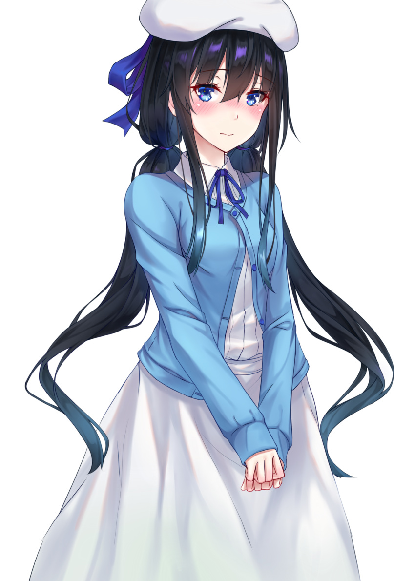 1girl bangs black_hair blue_cardigan blue_eyes blue_neckwear blue_ribbon blush breasts cardigan closed_mouth commentary_request dress hair_ribbon hat highres long_hair long_sleeves looking_at_viewer low_twintails n15e neck_ribbon own_hands_together ribbon school_uniform shirt simple_background skirt sleeves_past_wrists solo twintails v_arms very_long_hair white_background white_headwear white_skirt yahari_ore_no_seishun_lovecome_wa_machigatteiru. yukinoshita_yukino