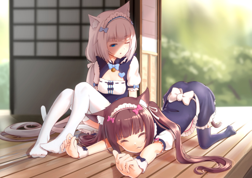 2girls :3 animal_ear_fluff animal_ears bangs black_legwear blue_eyes blush breasts brown_hair cat_ears cat_stretch chocola_(nekopara) closed_eyes eyebrows_visible_through_hair feet hair_ribbon highres long_hair maid maid_dress maid_headdress multiple_girls nekopara no_shoes one_eye_closed oniku_(pixiv_28205308) open_mouth ribbon short_sleeves sitting slit_pupils small_breasts smile stretch thigh-highs twintails vanilla_(nekopara) white_hair white_legwear