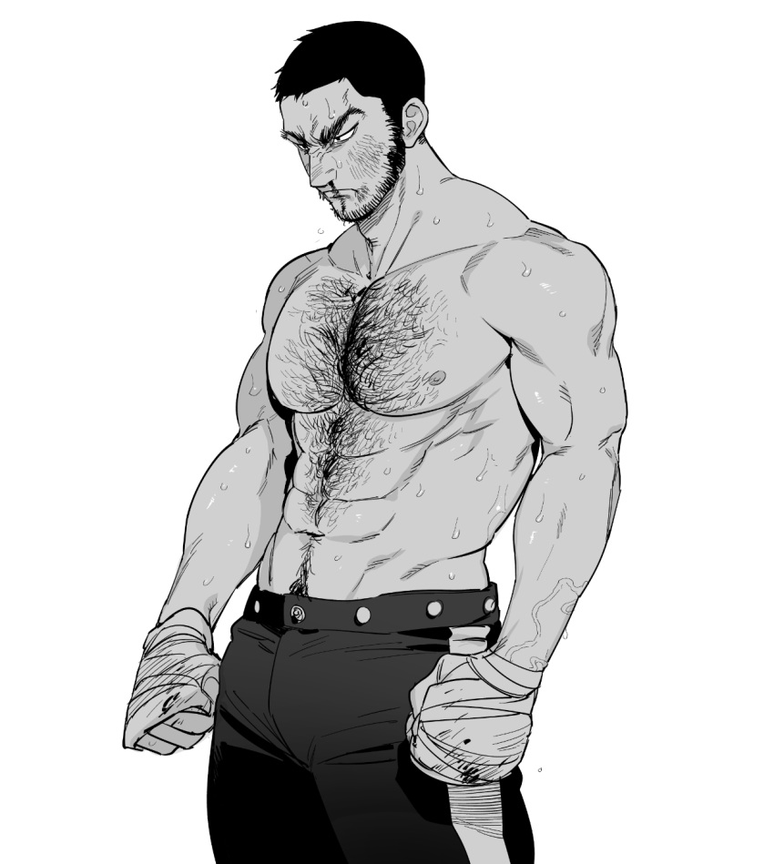 1boy abs angry bandages bara beard black_eyes black_hair blood bruise_on_face chest chest_hair facial_hair goatee golden_kamuy greyscale highres male_focus manly monochrome muscle navel navel_hair nipples nosebleed shirtless short_hair sideburns solo stubble suko_mugi sweat tanigaki_genjirou thick_eyebrows white_background