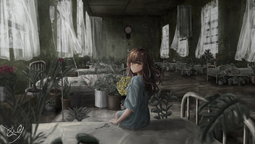 1girl absurdres bed blush brown_eyes brown_hair dress green_dress highres hospital hospital_bed hospital_gown huge_filesize indoors intravenous_drip legs long_hair looking_at_viewer no_pants on_bed original plant ruins sakugasu scenery sitting sitting_on_bed solo