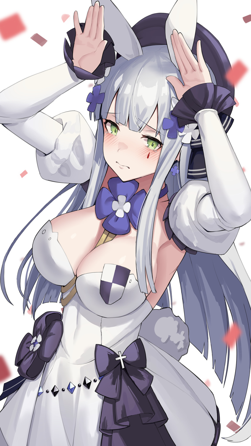1girl animal_ears arms_up bangs between_breasts blunt_bangs blurry blurry_foreground blush breasts bunny_pose bunny_tail closed_mouth commentary_request confetti cross dakunesu dress eyebrows_visible_through_hair facial_mark girls_frontline green_eyes hair_ornament highres hk416_(girls_frontline) juliet_sleeves large_breasts light_frown long_hair long_sleeves looking_at_viewer puffy_sleeves purple_ribbon rabbit_ears raised_eyebrows ribbon silver_hair tail teardrop tearing_up white_background white_dress