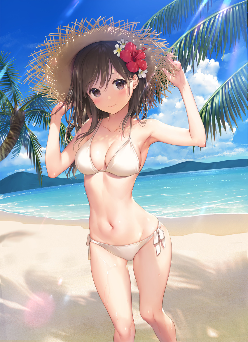 1girl absurdres armpits arms_up bangs beach bikini blue_sky blush breasts brown_eyes brown_hair closed_mouth collarbone day eyebrows_visible_through_hair flower groin hair_flower hair_ornament halterneck hands_on_headwear hat highres huge_filesize long_hair looking_at_viewer medium_breasts mignon navel non-web_source original outdoors palm_tree sand scan side-tie_bikini simple_background sky smile solo stomach straw_hat string_bikini sun_hat swimsuit tree water wet white_bikini
