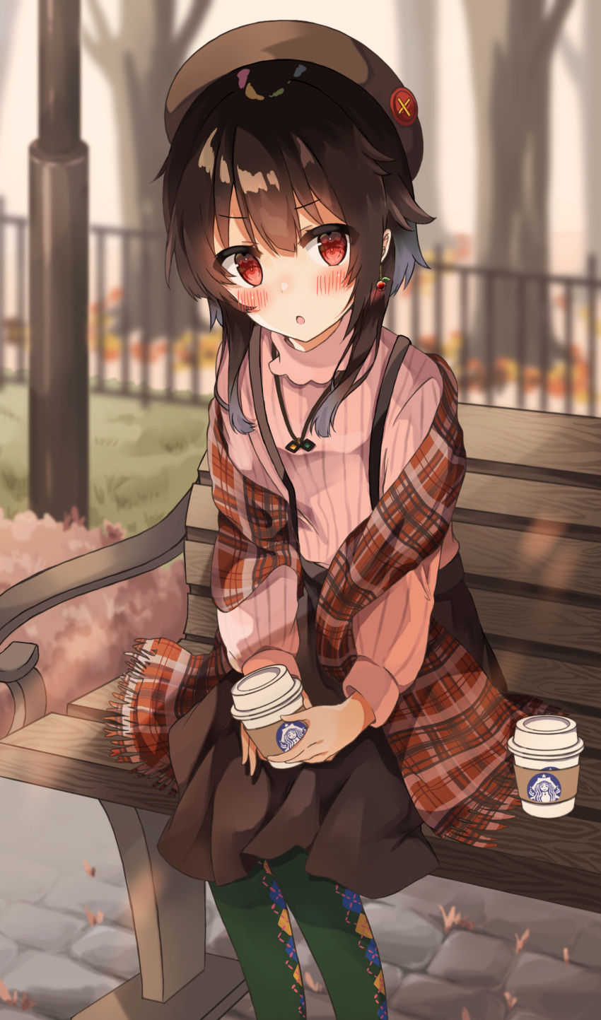 1girl absurdres alternate_costume bench black_hair blush hair_between_eyes hat highres kono_subarashii_sekai_ni_shukufuku_wo! looking_at_viewer megumin open_mouth outdoors plaid plaid_scarf red_eyes scarf short_hair_with_long_locks sitting skirt solo starbucks winter_clothes yuno_(suke_yuno)