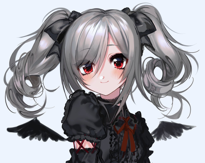 1girl bad_source black_bow black_shirt bow choker detached_wings eyebrows_visible_through_hair feathered_wings frills grey_hair hair_bow highres idolmaster idolmaster_cinderella_girls kanzaki_ranko lace lace-trimmed_bow lace_choker lace_trim mini_wings puffy_short_sleeves puffy_sleeves red_bow red_eyes red_neckwear shirt short_sleeves simple_background smile twintails unxi wings