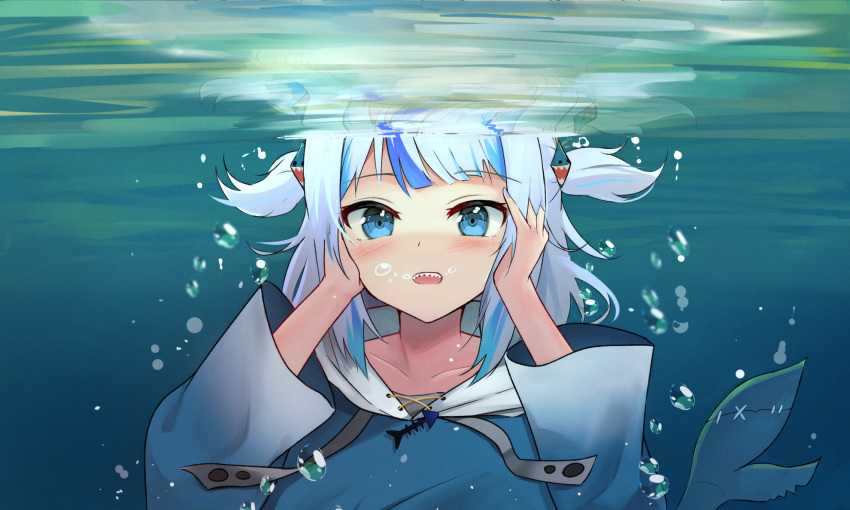1girl air_bubble bangs blue_eyes blue_hair blush bubble collarbone commentary gawr_gura hair_ornament hands_on_own_face highres hololive hololive_english long_sleeves looking_at_viewer multicolored_hair open_mouth shark_girl shark_tail sharp_teeth short_hair shuuzo3 smile solo streaked_hair tail teeth two_side_up underwater upper_body virtual_youtuber water white_hair