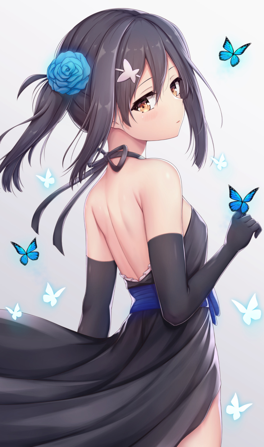 arata_(xin) back bare_shoulders black_dress black_gloves black_hair breasts brown_eyes bug butterfly commentary dress elbow_gloves fate/kaleid_liner_prisma_illya fate_(series) flower gloves hair_flower hair_ornament hairclip highres insect looking_back miyu_edelfelt ponytail sidelocks small_breasts