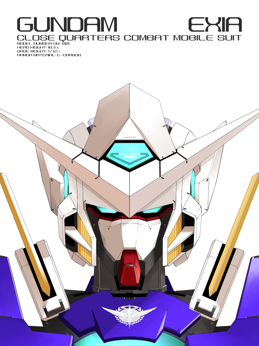 aqua_eyes character_name close-up gundam gundam_00 gundam_exia highres kaiserxtask looking_at_viewer mecha no_humans portrait solo v-fin white_background