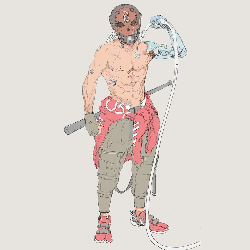 1boy abs aedel_fakhrie black_eyes clenched_hand cyborg highres looking_at_viewer mechanical_arm original shirtless shoes skull_mask sneakers solo standing wire