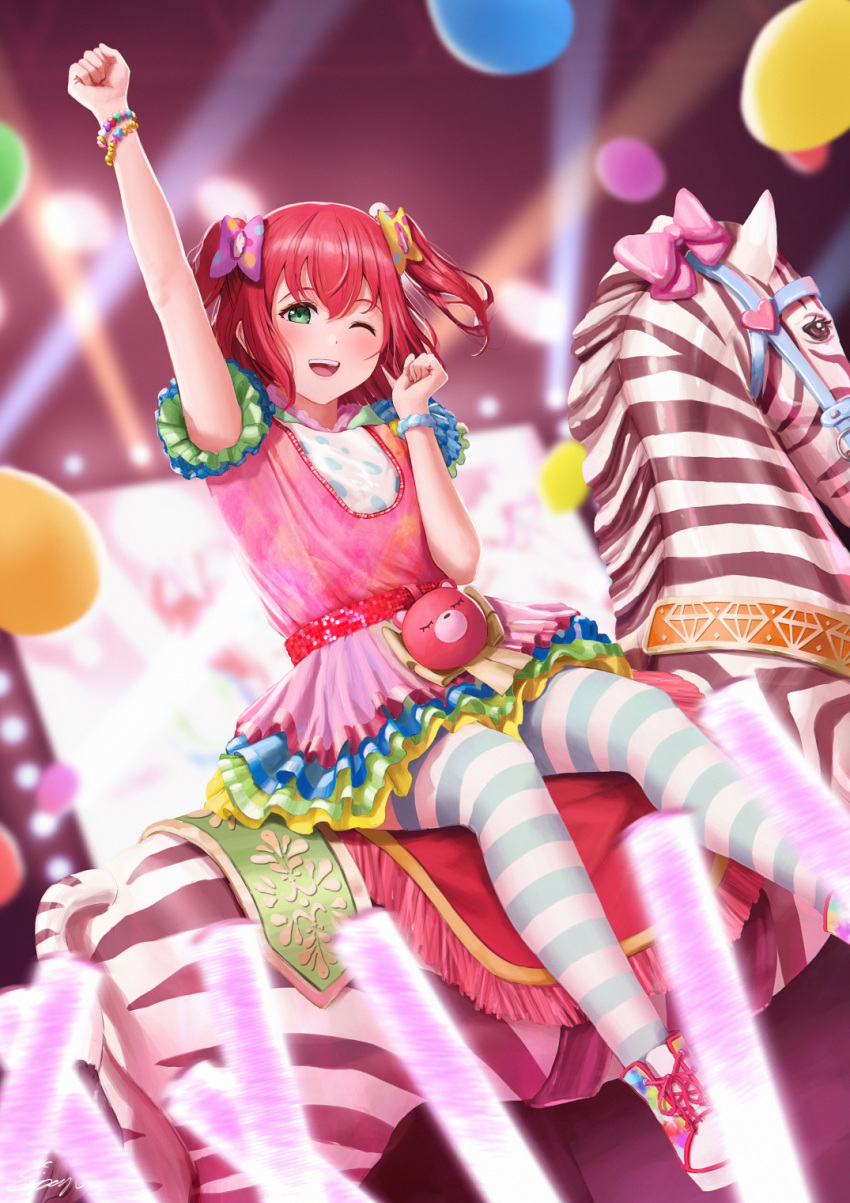 1girl ;d arm_up balloon bangs belt_pouch bow bracelet clenched_hands commentary_request dress frilled_dress frilled_skirt frills glowstick green_eyes hair_bow hand_up heart highres jewelry kurosawa_ruby love_live! love_live!_sunshine!! multicolored multicolored_clothes multicolored_dress multicolored_footwear one_eye_closed open_mouth papi_(papiron100) pink_bow pouch raised_fist redhead riding screen shoes short_hair sidesaddle skirt smile solo stage_lights striped striped_legwear thigh-highs two_side_up yellow_bow zebra