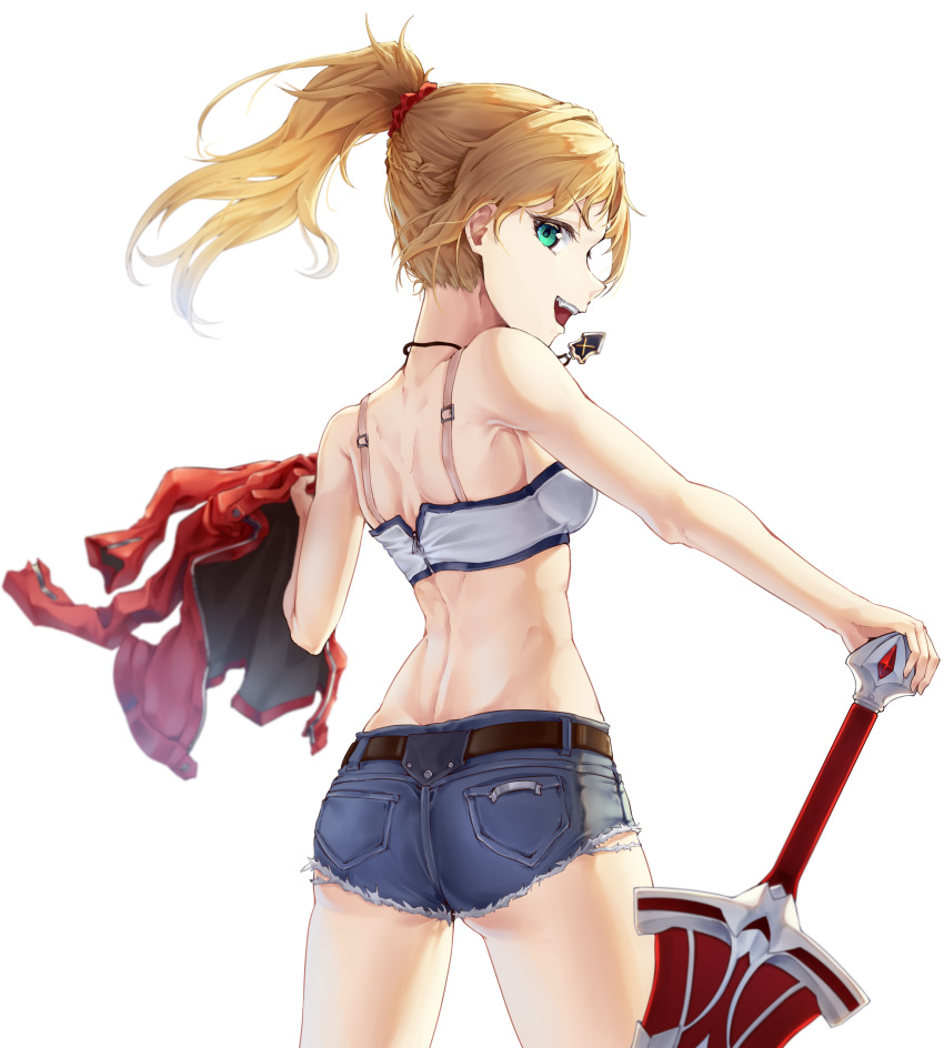 1girl absurdres ass back bandeau bangs bare_arms bare_shoulders belt blonde_hair blush braid breasts commentary_request cowboy_shot cutoffs denim denim_shorts fate/grand_order fate_(series) french_braid from_behind green_eyes hair_ornament hair_scrunchie highres holding holding_sword holding_weapon jacket jacket_removed jewelry long_hair looking_at_viewer looking_back midriff mordred_(fate) mordred_(fate)_(all) necklace nine7284 open_mouth ponytail red_jacket red_scrunchie scrunchie short_shorts shorts simple_background smile solo sword upper_teeth weapon white_background