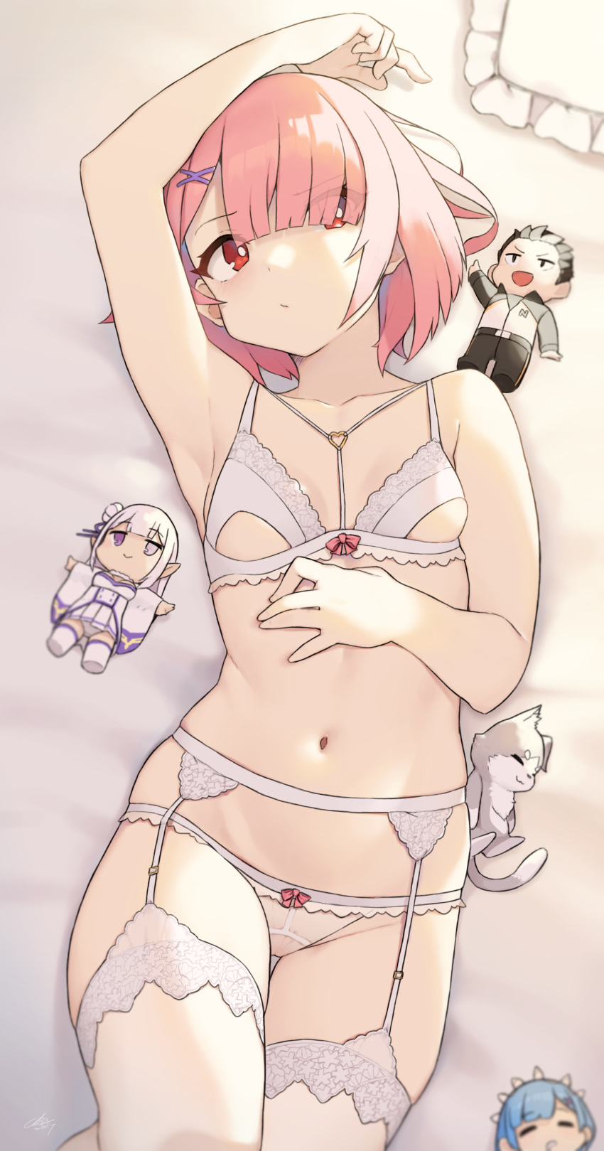 1girl absurdres arm_up blurry bra breasts bright_pupils character_doll cloba depth_of_field emilia_(re:zero) eyes_visible_through_hair garter_belt hair_ornament hair_over_one_eye heart_ring heart_ring_top highres lingerie looking_at_viewer lying natsuki_subaru navel on_back panties pink_hair puck_(re:zero) ram_(re:zero) re:zero_kara_hajimeru_isekai_seikatsu red_eyes rem_(re:zero) short_hair small_breasts solo thigh-highs underwear underwear_only white_bra white_legwear white_panties white_pupils x_hair_ornament