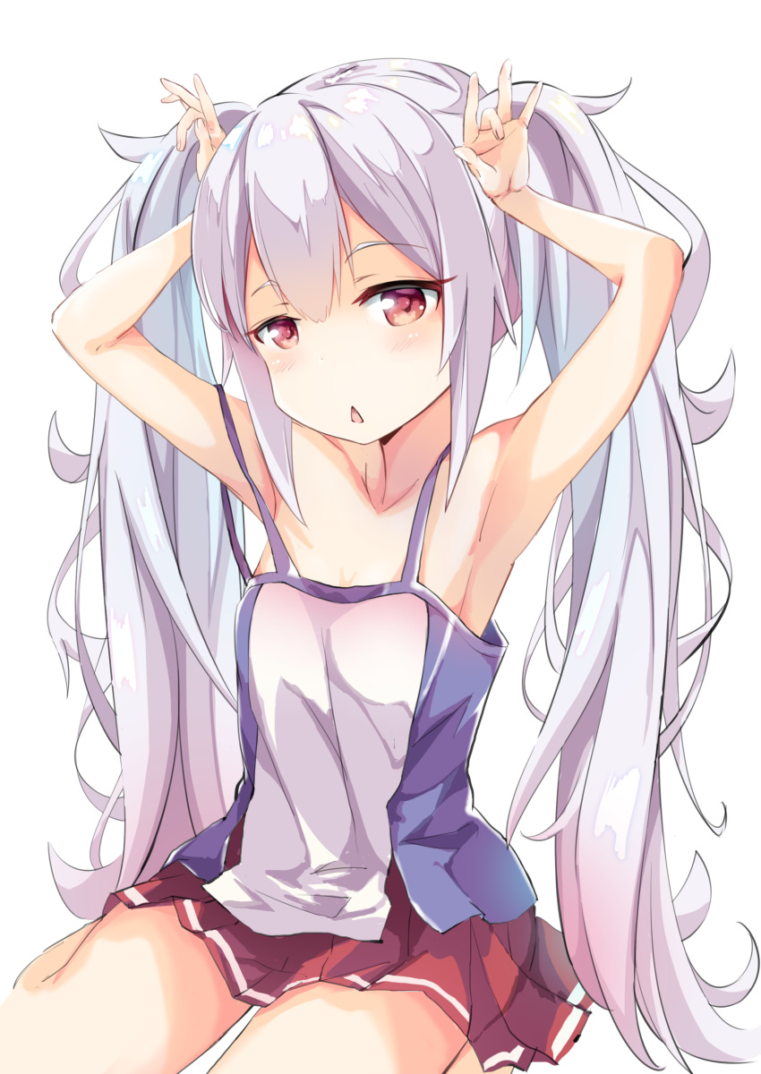1girl absurdres armpits arms_up azur_lane bare_shoulders blush casual highres hikyac laffey_(azur_lane) long_hair looking_at_viewer open_mouth red_eyes sitting skirt solo tank_top triangle_mouth twintails wariza