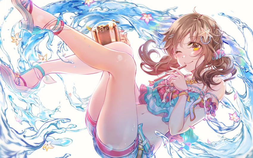 bangs bare_legs bare_shoulders bare_thighs blush brown_eyes brown_hair cup drink eyebrows eyebrows_visible_through_hair flower hair_ornament hairpin holding holding_cup holding_drink holding_drinking_straw idolmaster idolmaster_cinderella_girls idolmaster_cinderella_girls_starlight_stage long_hair looking_at_viewer navel one_eye_closed rain_(regen) sandals smile star_(symbol) swimsuit totoki_airi twintails water