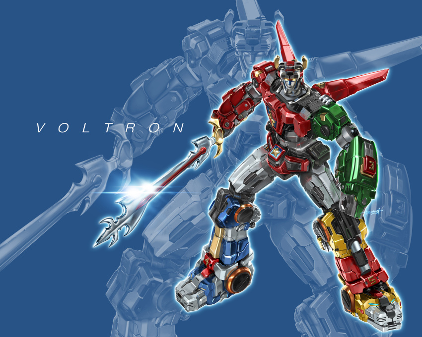 boris_(borisasf) character_name glowing glowing_eyes golion_(mecha) highres holding holding_sword holding_weapon hyakujuu-ou_golion looking_down mecha no_humans procreate_(medium) solo super_robot sword voltron_(mecha) voltron_(series) weapon yellow_eyes zoom_layer