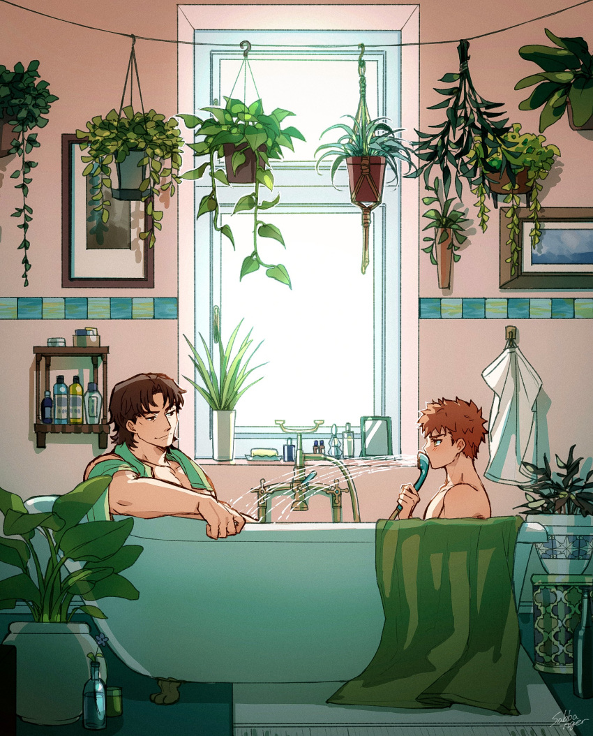 2boys absurdres bangs bath bathing bathroom bathtub blush brown_eyes brown_hair claw_foot_bathtub contemporary emiya_shirou eye_contact fate/grand_order fate/stay_night fate_(series) from_side hanging_plant highres indoors kotomine_kirei light_smile looking_at_another male_focus multiple_boys nude orange_hair picture_frame plant portrait_(object) potted_plant profile rasputin_(fate/grand_order) saba_tora sengo_muramasa_(fate) shampoo_bottle shared_bathing short_hair signature smile spraying towel towel_around_neck water window yaoi yellow_eyes