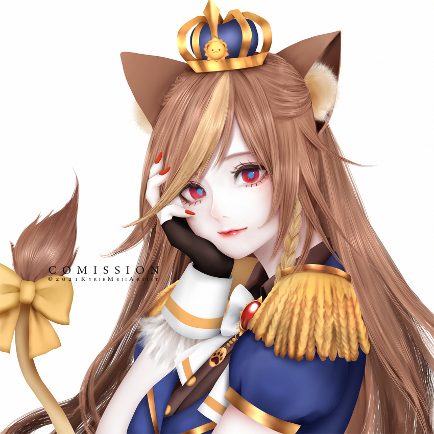 1girl animal_ear_fluff animal_ears bangs black_gloves blue_jacket bow commission english_commentary epaulettes fingerless_gloves gloves hand_on_own_face hazumi_aileen highres indie_virtual_youtuber jacket kyrie_meii light_smile lion_ears lion_girl lion_tail looking_at_viewer portrait red_nails solo tail tail_bow tail_ornament virtual_youtuber white_background wrist_cuffs yellow_bow