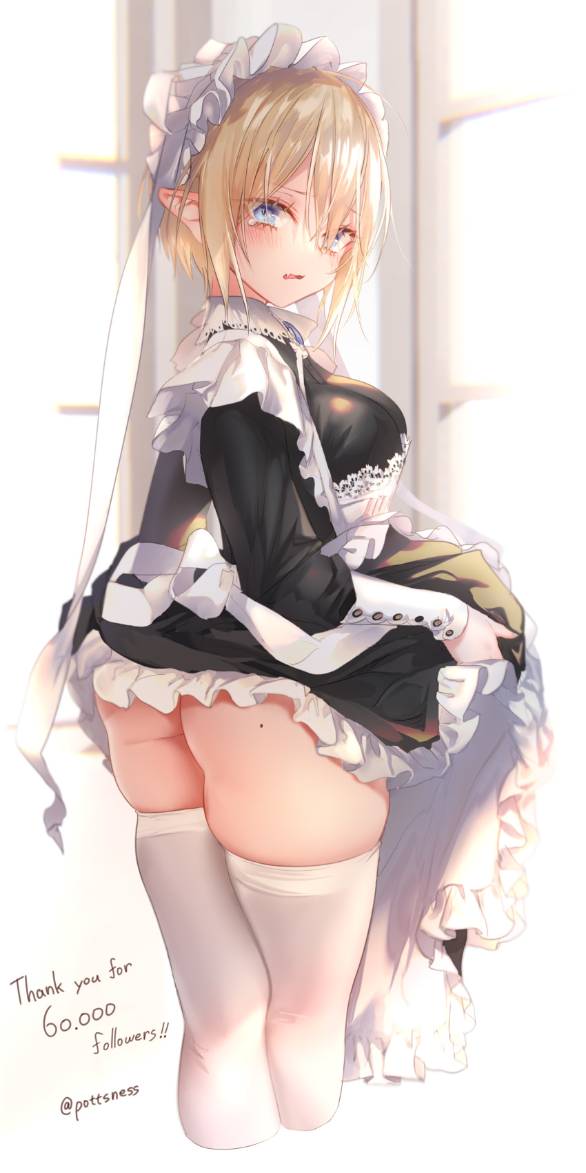 1girl absurdres apron ass bangs black_dress blonde_hair blue_eyes blush breasts dress fang followers frilled_dress frills from_behind head_tilt highres large_breasts maid maid_headdress open_mouth original pointy_ears pottsness short_hair skin_fang solo thank_you thigh-highs twitter_username veil white_apron white_legwear window