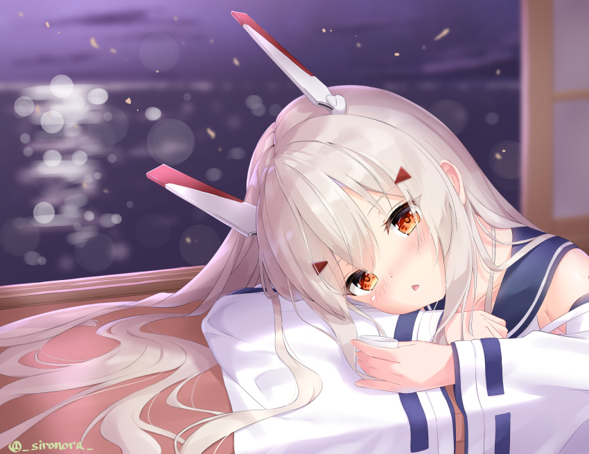 1girl ayanami_(azur_lane) azur_lane bangs bare_shoulders blush commentary_request cup drunk eyebrows_visible_through_hair hair_between_eyes hair_ornament headgear high_ponytail highres long_hair looking_at_viewer night ocean ponytail red_eyes retrofit_(azur_lane) sailor_collar sakazuki shironora shirt sidelocks solo table