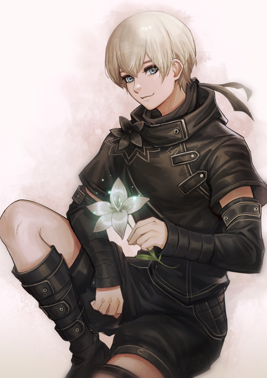 1boy black_flower black_shirt black_shorts blue_eyes boots detached_sleeves flower grey_hair hair_between_eyes highres holding holding_flower looking_at_viewer lukrevadraws nier_(series) nier_automata shirt short_hair short_sleeves shorts smile solo sparkle white_flower yorha_no._9_type_s