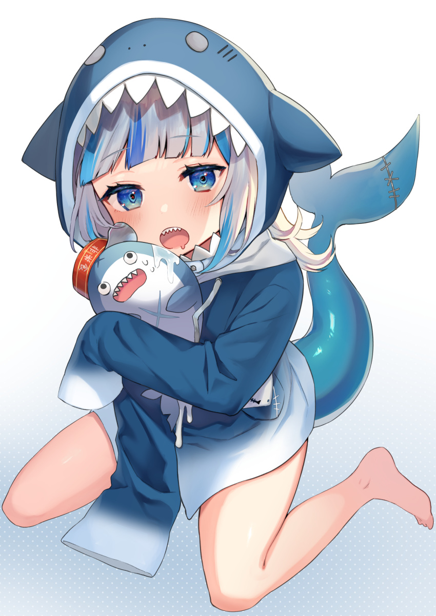 1girl bangs barefoot black_eyes bloop_(gawr_gura) blue_eyes blue_hair blunt_bangs eyebrows_visible_through_hair gawr_gura grey_hair highres hololive hololive_english kura_noi looking_at_viewer multicolored_hair open_mouth polka_dot polka_dot_background saliva shark_hood shark_tail sharp_teeth solo tail teeth toes two-tone_hair