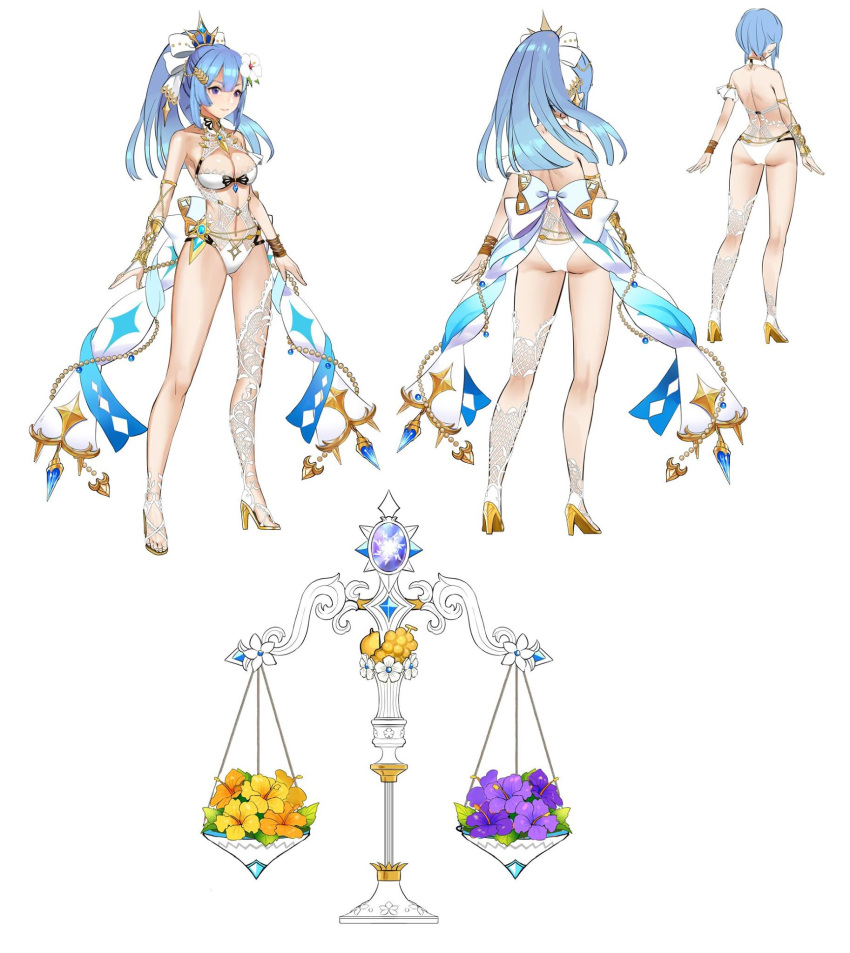 1girl alternate_costume alternate_hairstyle ass balance_scale bare_shoulders beads bikini blue_hair breasts character_sheet collarbone flower frigg_(valkyrie_connect) full_body hair_flower hair_ornament high_heels highres kneepits knees navel official_art ponytail solo swimsuit valkyrie_connect violet_eyes weighing_scale white_background white_bikini