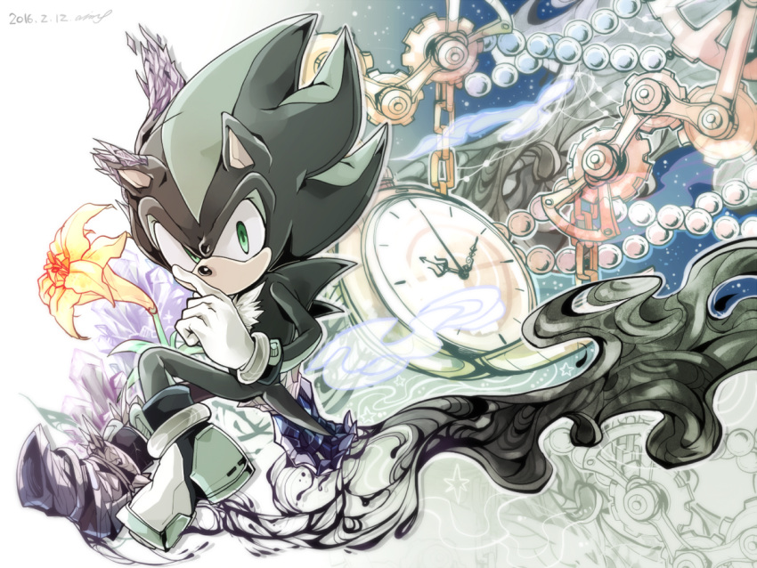 1boy aimf animal_ears animal_nose arrow_(symbol) artist_name black_fur blue_background boots bracelet chain clock crystal darkness dated english_commentary flower flying furry furry_male gears gloves gold_chain gradient_background green_background green_eyes green_fur hand_up hedgehog hedgehog_ears hedgehog_tail index_finger_raised jewelry leaf looking_at_viewer male_focus mephiles_the_dark no_mouth solo sonic_(series) sonic_the_hedgehog_(2006) tail two-tone_fur white_background white_footwear white_gloves yellow_flower