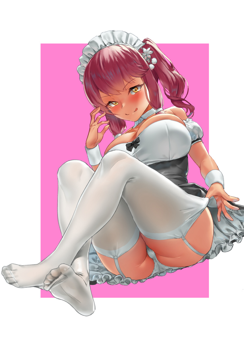 1girl absurdres alternate_costume blush bracer breasts closed_mouth crossed_legs enmaided eyebrows_visible_through_hair girls_frontline hair_ornament highres large_breasts legs long_hair looking_at_viewer maid maid_dress maid_headdress no_shoes panties pantyshot purple_hair saiga-12_(girls_frontline) simple_background sitting smile solo thigh-highs thigh_strap thighs tongue tongue_out twintails uleuleuleu underwear white_legwear white_panties yellow_eyes