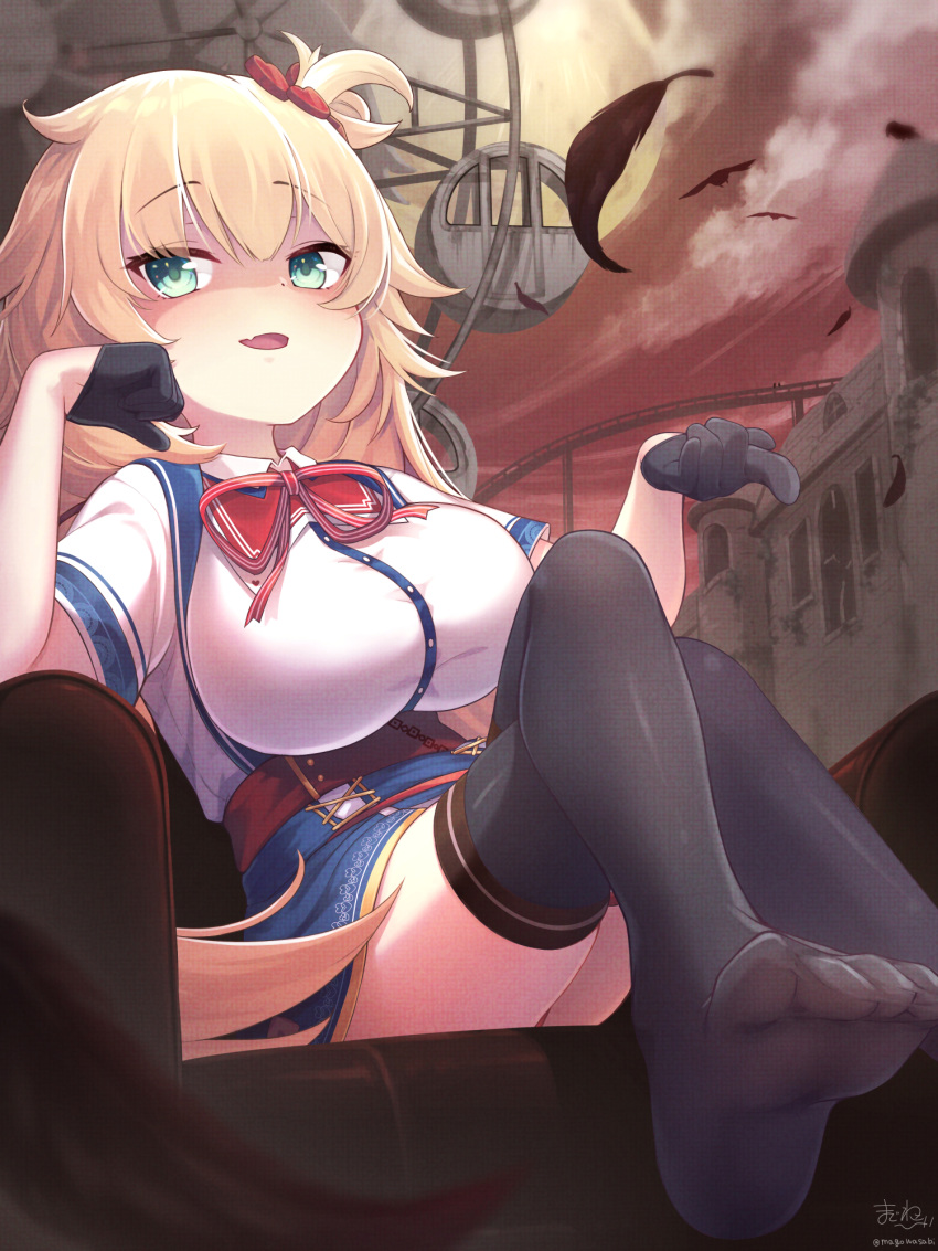 akai_haato bird black_gloves black_legwear blonde_hair building eyebrows_visible_through_hair fang feathers ferris_wheel footwear_removed gloves half_gloves hand_on_own_cheek heart highres hololive magowasabi open_mouth red_sky sitting skin_fang sky thigh-highs tied_hair virtual_youtuber