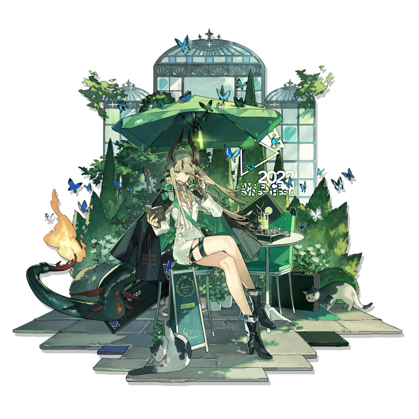 1girl 2022 arknights bare_legs black_cape black_footwear book boots briefcase bug butterfly cape chair chessboard crossed_legs dragon_horns dragon_tail dress flame-tipped_tail green_eyes grey_hair high_heel_boots high_heels highres holding holding_book holding_eyewear horns long_hair long_sleeves looking_at_viewer official_alternate_costume official_art parted_lips pencil_dress reed_(arknights) reed_(emerald_holiday)_(arknights) short_dress sitting solo starshadowmagician tail thigh_strap thighs transparent_background umbrella white_dress