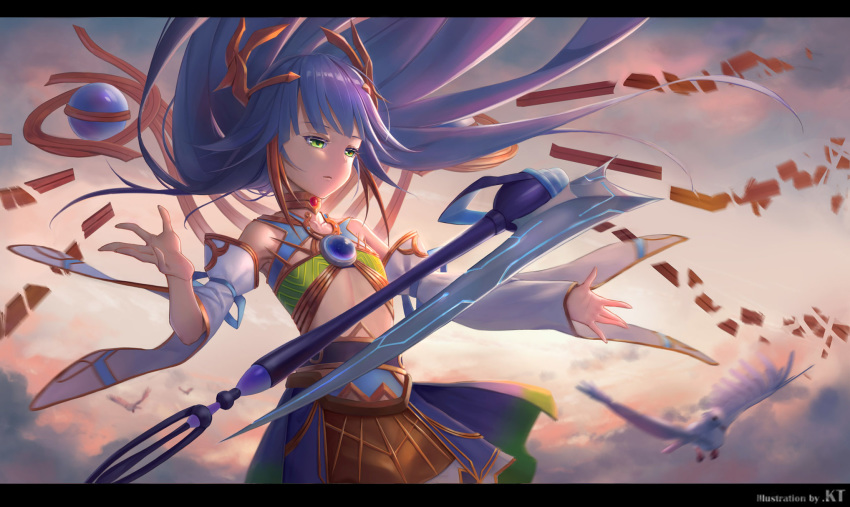 1girl artist_name bangs bare_shoulders bird blunt_bangs blurry blurry_background clouds collarbone detached_sleeves duel_monster floating green_eyes hair_ornament highres ib_the_world_chalice_justiciar jewelry kin_toki letterboxed long_hair neck_ring open_hands orb purple_hair ribbon skirt sky solo weapon yuu-gi-ou