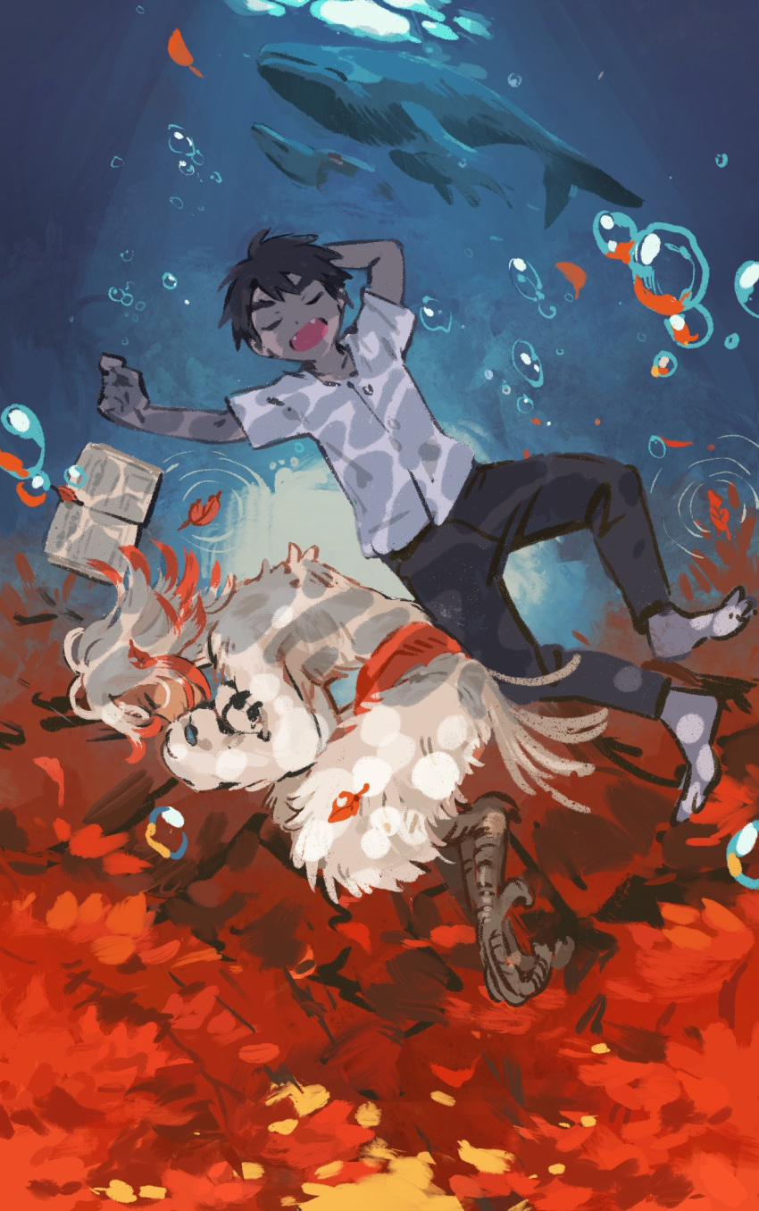 2boys akaneko_(redakanekocat) autumn_leaves barefoot black_hair book bubble fangs highres kanmuri_(pixiv_fantasia_age_of_starlight) lying monster_boy multicolored_hair multiple_boys on_side pixiv_fantasia pixiv_fantasia_age_of_starlight redhead sleeping talons two-tone_hair underwater whale white_hair