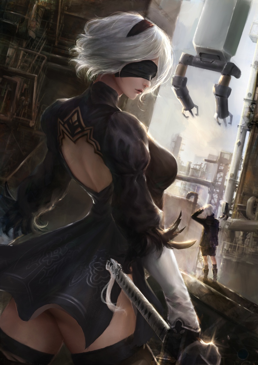 1boy 1girl absurdres artist_request back_cutout black_blindfold black_dress black_gloves black_hairband blindfold breasts clothing_cutout covered_eyes dress feather-trimmed_sleeves gloves hairband highres holding holding_sword holding_weapon industrial juliet_sleeves leotard long_sleeves medium_breasts nier_(series) nier_automata pod_(nier_automata) puffy_sleeves short_hair silver_hair sword thigh-highs thighhighs_under_boots weapon white_leotard yorha_no._2_type_b yorha_no._9_type_s