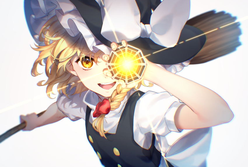 1girl apron blonde_hair bow braid broom buttons frilled_hat frills hair_bow hat hat_bow highres jill_07km kirisame_marisa looking_at_viewer mini-hakkero one_eye_covered open_mouth puffy_sleeves ribbon short_hair short_sleeves simple_background single_braid smile solo touhou vest waist_apron white_background white_bow witch_hat yellow_eyes