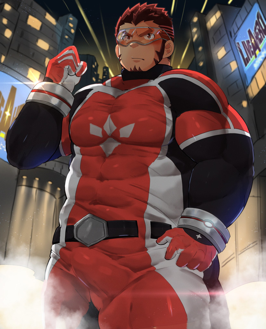 1boy akashi_(live_a_hero) bara belt bodysuit boots bulge chest city covered_abs cowboy_shot date_maki facial_hair gloves gradient_hair highres live_a_hero male_focus manly multicolored_hair muscle red_bodysuit red_eyes redhead serious short_hair sideburns small_hands solo thick_eyebrows thick_thighs thighs tight
