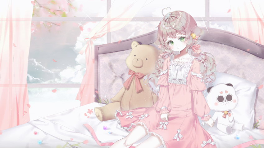 1girl ahoge bangs bell blush bow brown_hair closed_mouth curtains dress eyebrows_behind_hair flower frilled_dress frills green_eyes hair_bell hair_ornament hair_ribbon head_tilt heart_ahoge indoors jingle_bell long_hair long_sleeves looking_at_viewer on_bed original petals pillow pink_dress pink_flower pink_ribbon puffy_long_sleeves puffy_sleeves qlakwnd ribbon sitting sleeves_past_wrists solo stuffed_animal stuffed_toy teddy_bear twintails very_long_hair white_bow window