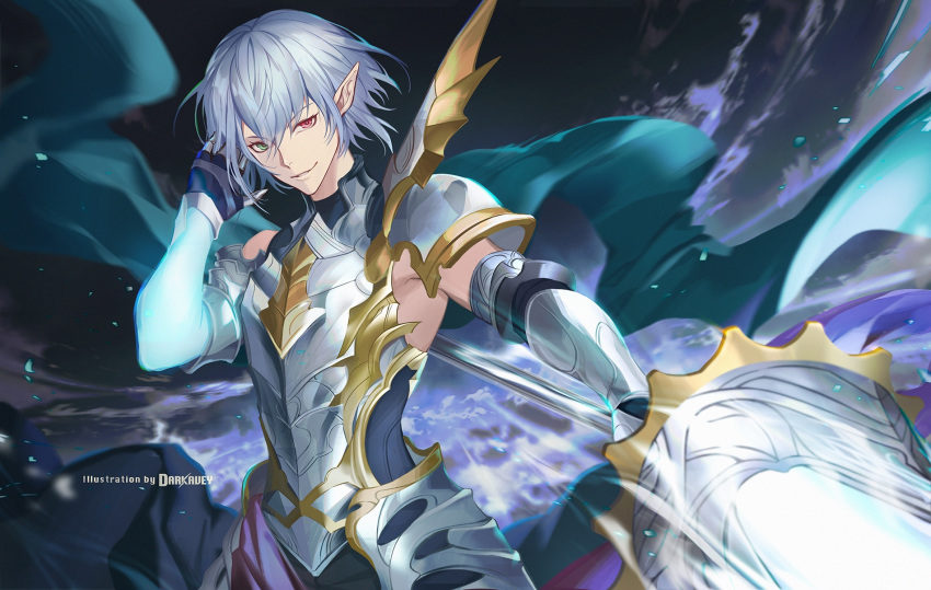 1boy armor artist_name bishounen cape darkavey glowing granblue_fantasy green_eyes grimnir heterochromia highres looking_at_viewer male_focus pauldrons pointing_weapon pointy_ears red_eyes shoulder_armor signature silver_hair smile upper_body