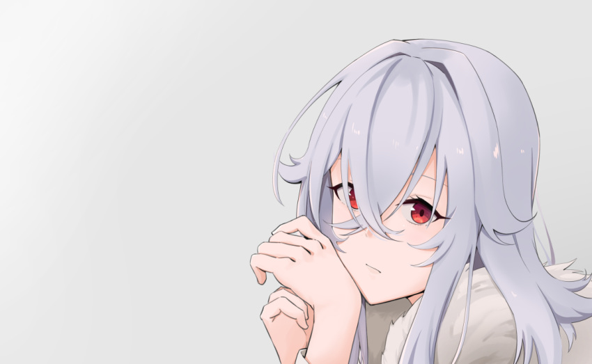 1girl azur_lane closed_mouth eyebrows_visible_through_hair fur graf_zeppelin_(azur_lane) grey_background hair_between_eyes hand_on_head holding_hands long_hair looking_at_viewer motirimoti red_eyes silver_hair solo_focus