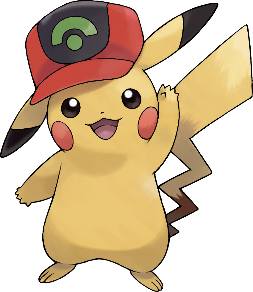 :3 arm_up artist_request baseball_cap black_eyes blush_stickers clothed_pokemon full_body gen_1_pokemon happy hat highres looking_at_viewer no_humans official_art open_mouth pikachu pokemon pokemon_(anime) pokemon_(creature) pokemon_(game) pokemon_rse_(anime) pokemon_swsh red_headwear smile solo standing transparent_background